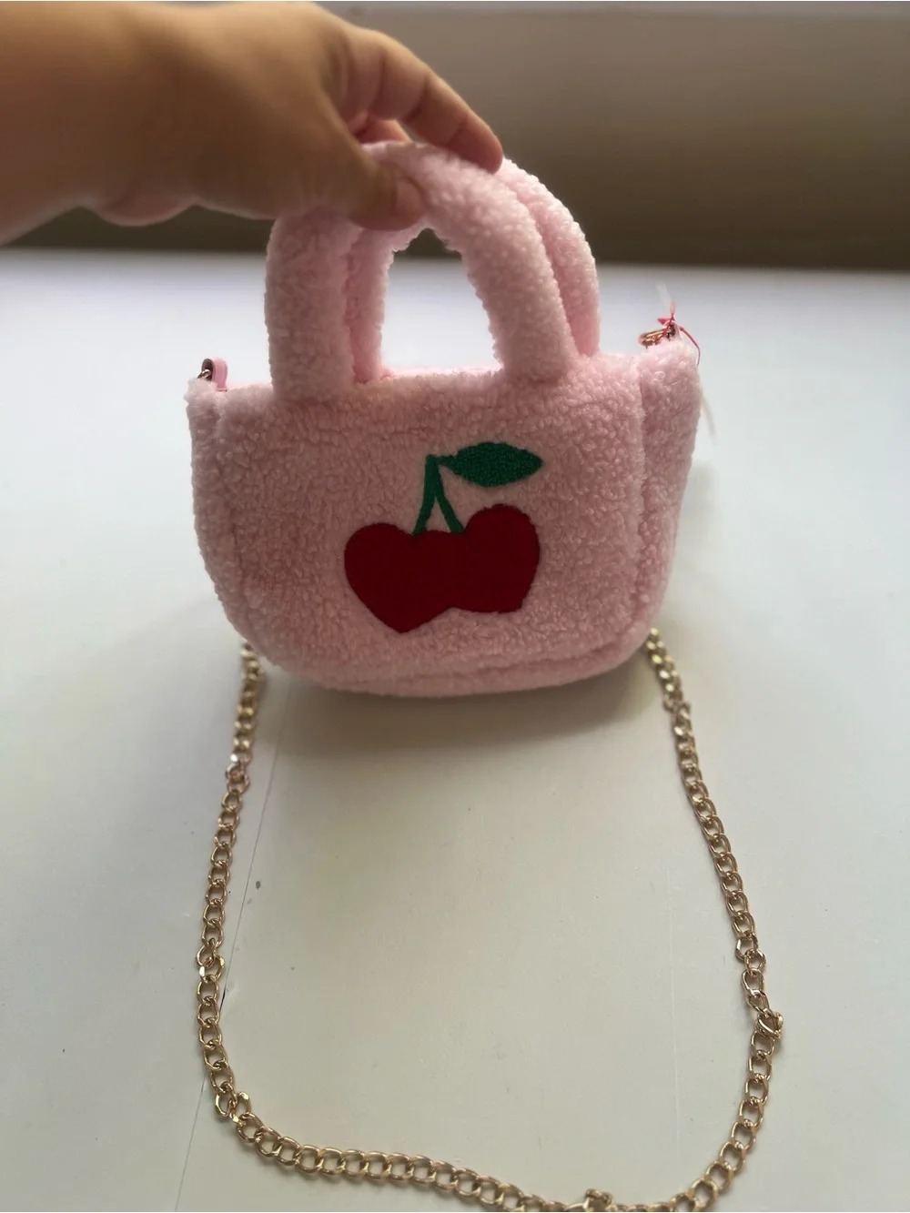 Cat & Jack Pink Mini Satchel Top Handle Bag Cherry Applique Gold Chain Strap
